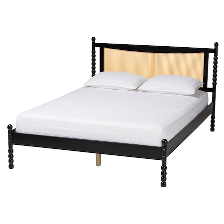 Baxton Studio Okena Mid-Century Modern Black Wood Queen Size Platform Bed with Woven Rattan 243-13443-ZORO